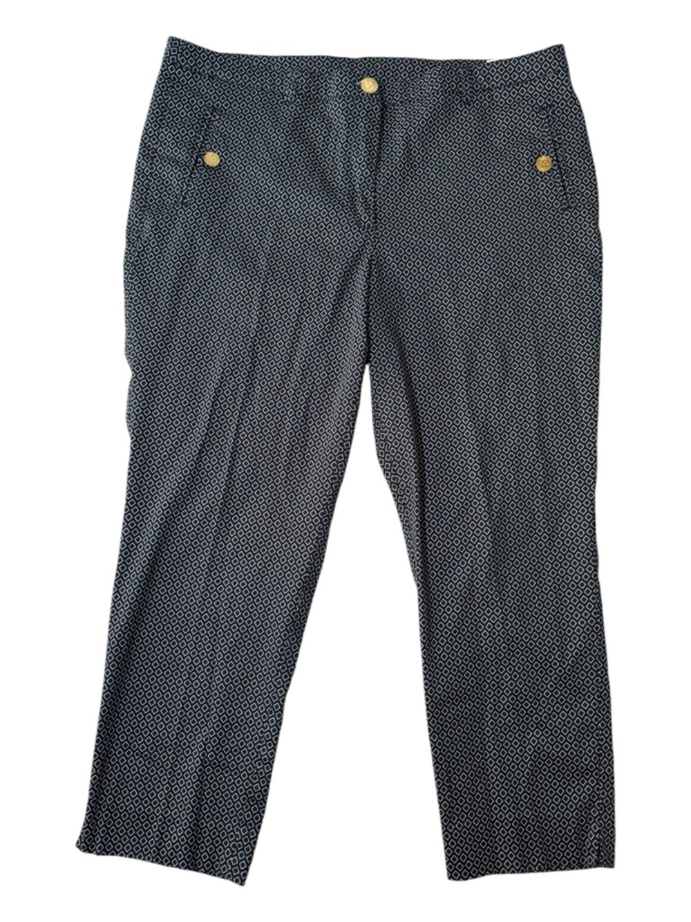 Anne Klein Capris Women’s 14 Navy White Print Cropped Pants Gold Buttons